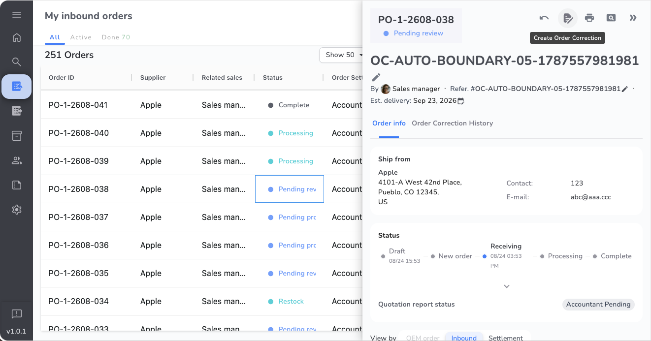 Order detail page for a Pending review order, with the Create Order Correction button available