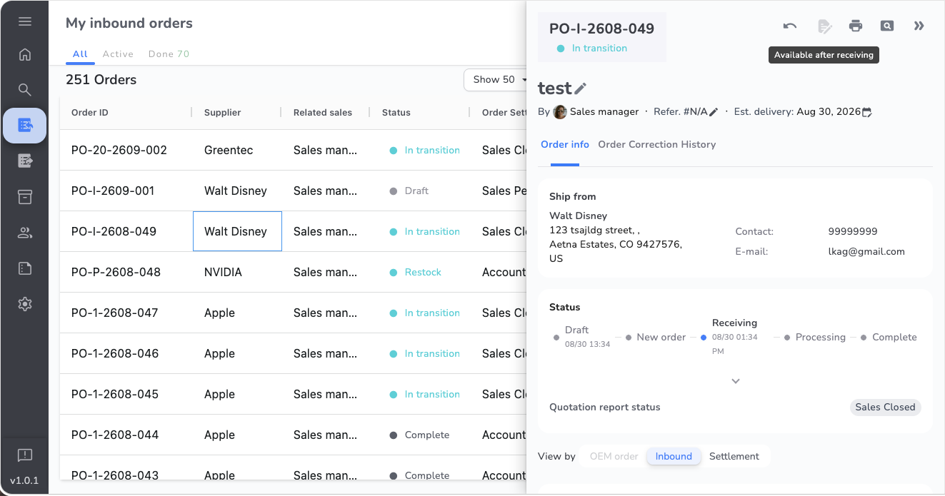 Order detail page for an In transition order, where Create Order Correction is disabled and shows Available after receiving