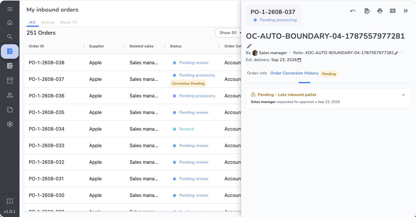 Order list with a Correction Pending tag on order PO-1-2608-037, and its detail panel showing the Order Correction History tab with a Pending badge and a Pending - Late inbound pallet card
