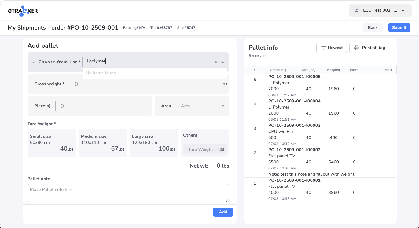 Inbound material search showing No items found after the material is unavailable